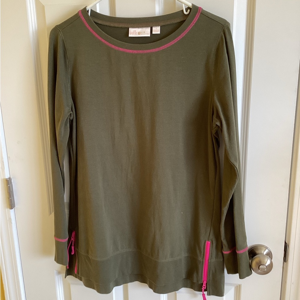 Belle by Kim Gravel Olive Long Sleeve Top with Pink Accents